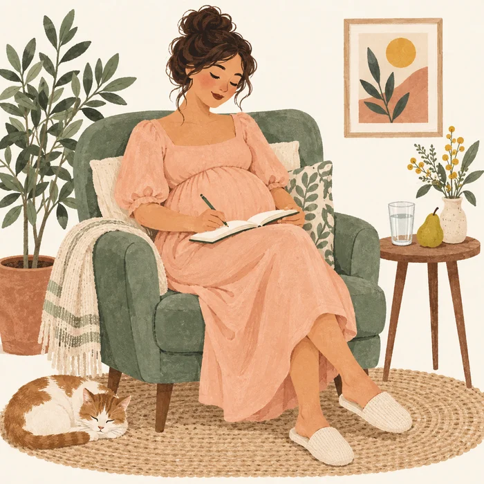 Illustration d’une femme enceinte notant ses questions dans un carnet